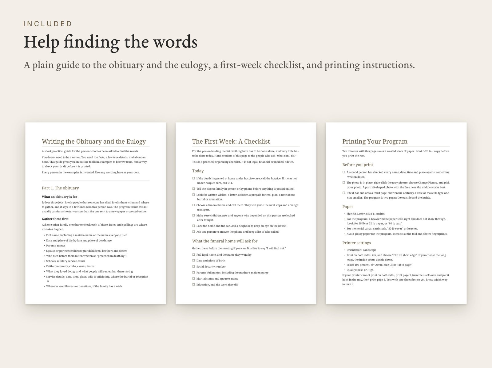 The writing guide, first-week checklist and printing guide