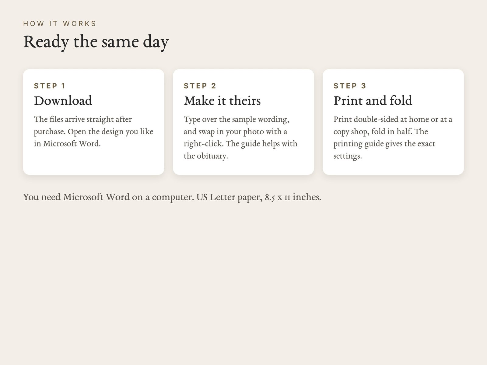 How it works: download, edit in Word, print and fold