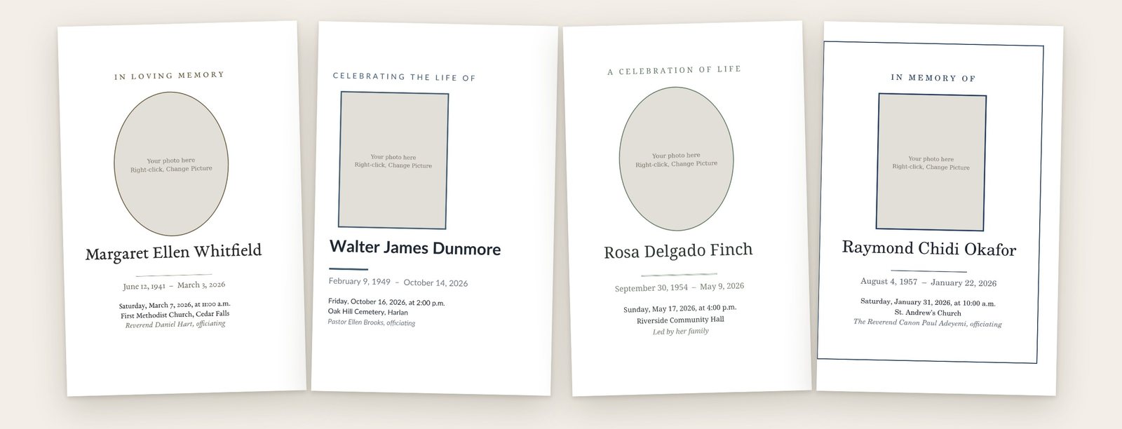 Four funeral program designs: Classic, Modern, Garden and Heritage